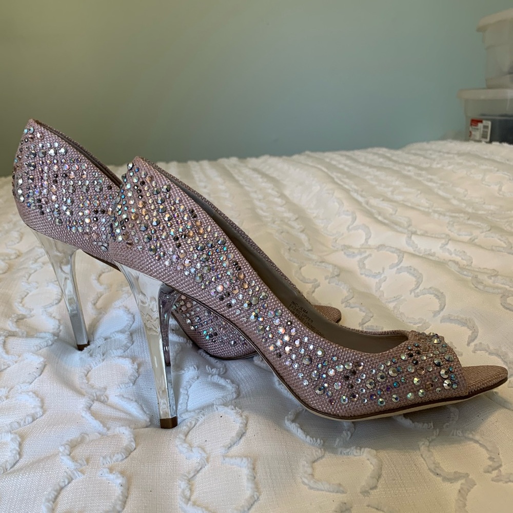 INC Light Pink Bedazzled peep toe with a silver heel. Size 7